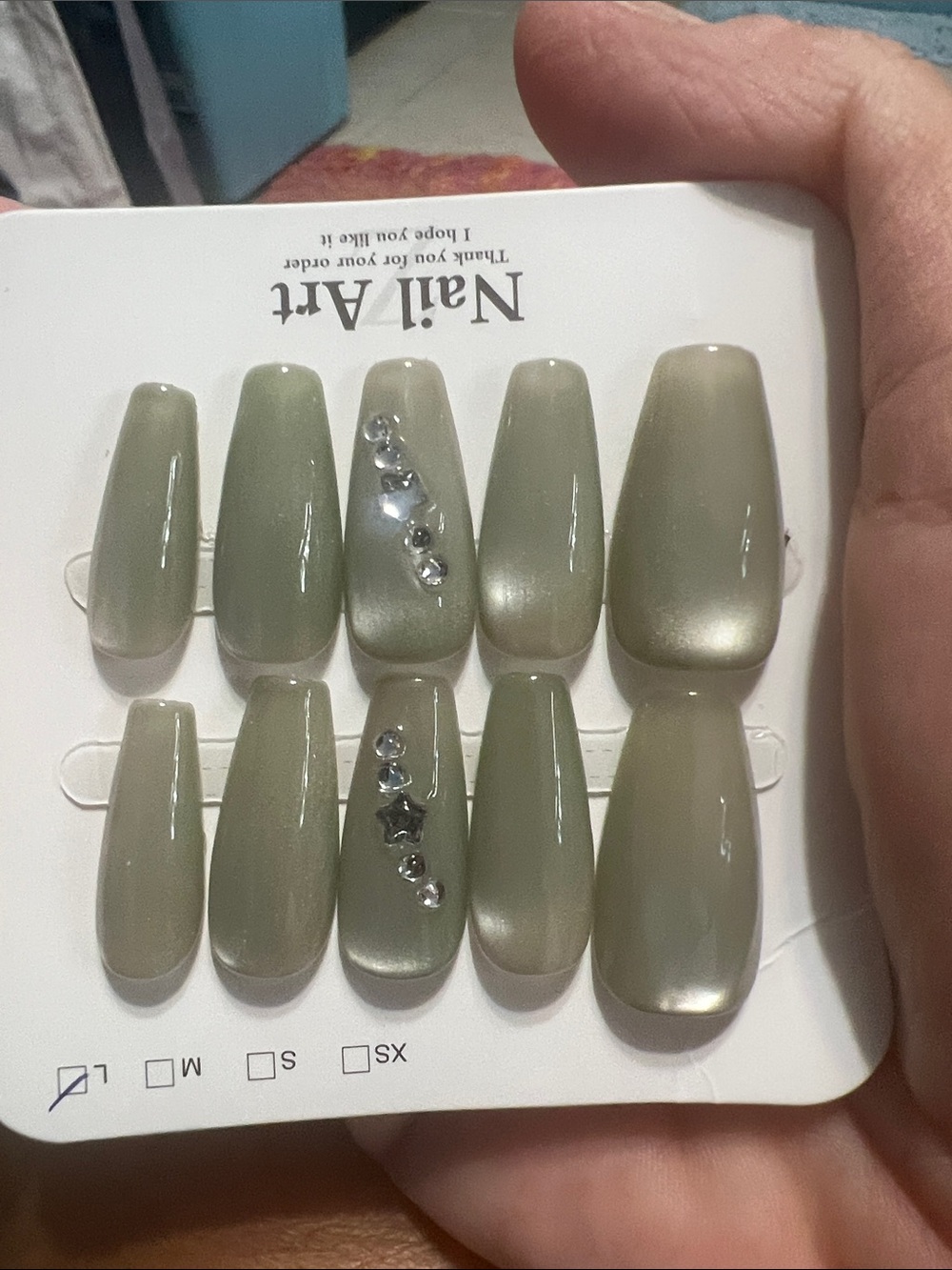 Cat eyes Olive Green Press-On Nails with Rhinestone Accent size large